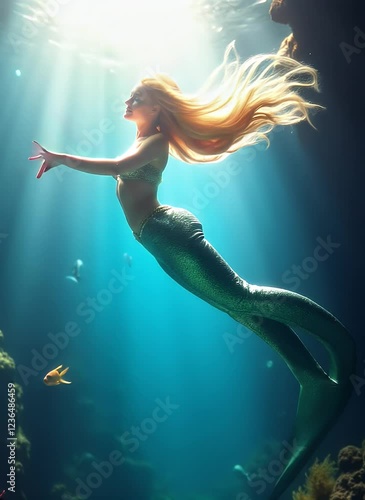 Goldenhaired mermaid gracefully swims with orange fish in the deep sea. Ideal for fantasy book covers, childrens illustrations, aquarium advertisements.