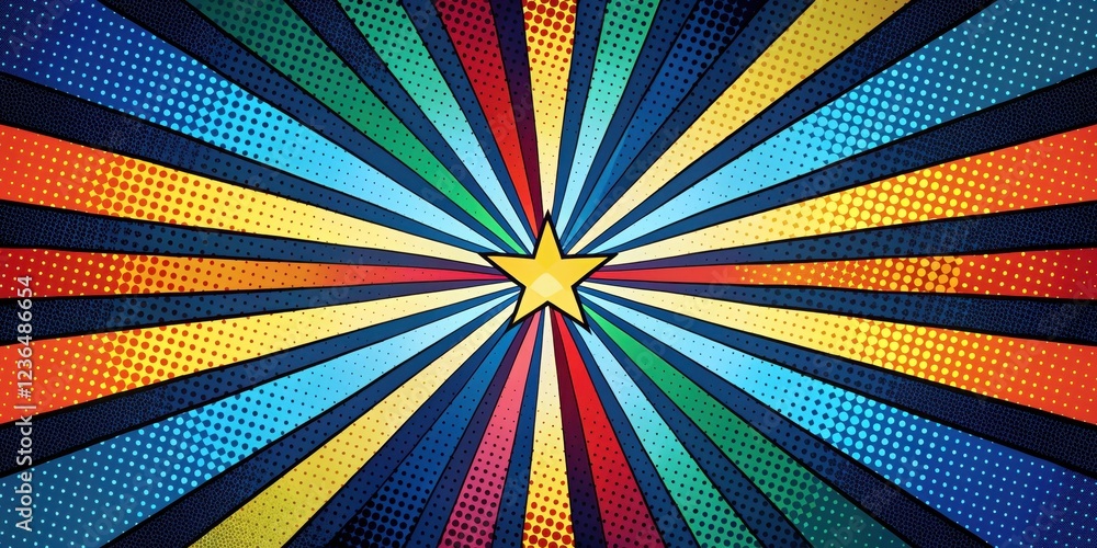 Fototapeta premium Colorful comic book style artwork with bold radial stripes on a dark blue background, color scheme, comic book aesthetics