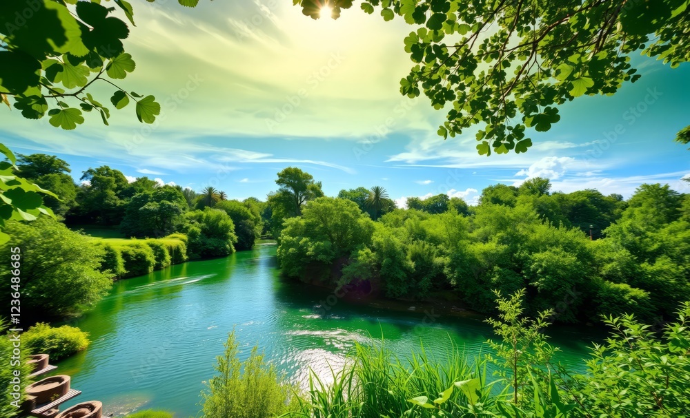 Bright green river reflecting sunlight surrounded by lush greenery for st patrick's day celebration St Patrick's Day green irish clover saint ireland shamrock Bright green river reflecting sunlight surrounded by lush greenery for st patrick's day celebration St Patrick's Day green irish clover saint ireland shamrock