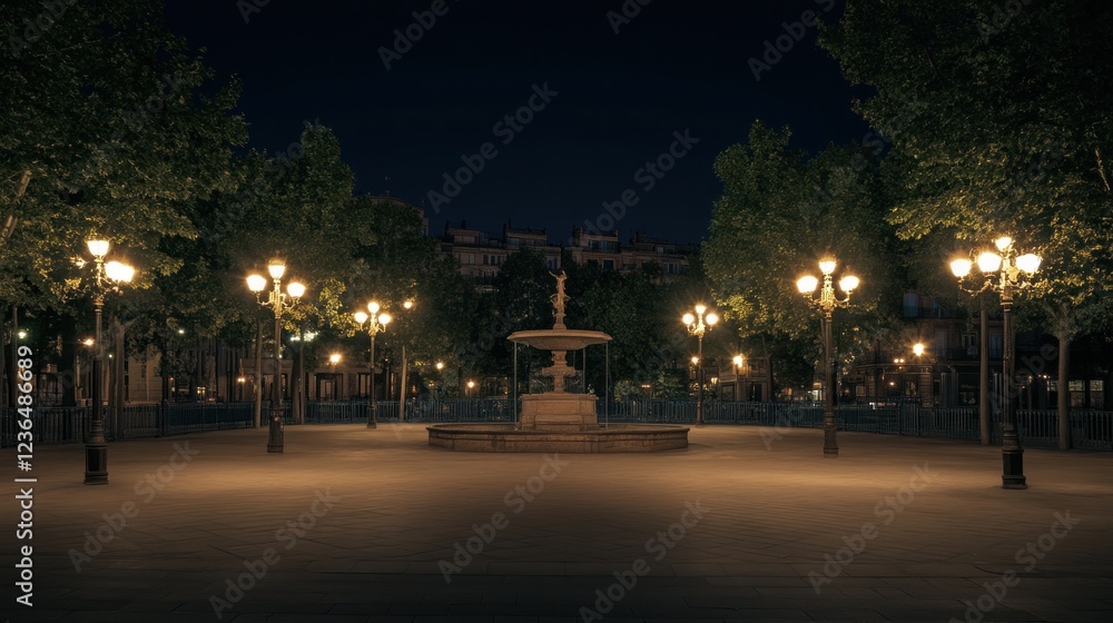 Night fountain park, city lights, tranquil scene, travel brochure Night fountain park, city lights, tranquil scene, travel brochure