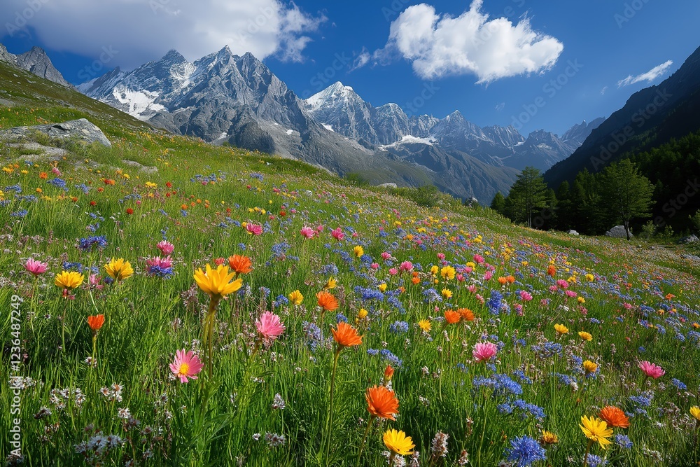 Fototapeta premium Colorful wildflower meadow under bright blue sky with mountains in the background during a sunny day