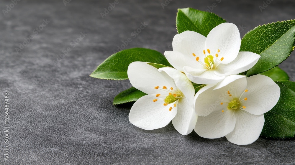 Fototapeta premium three white jasmine flowers with green leaves on a gray background The flowers have delicate petals and are arranged in a cluster, with the leaves providing a vibr