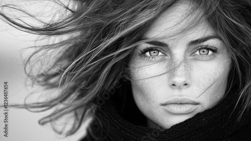  a woman with long hair and freckles wearing a scarf, set against a blurred background The image is in black and white, giving it a timeless and classic feel