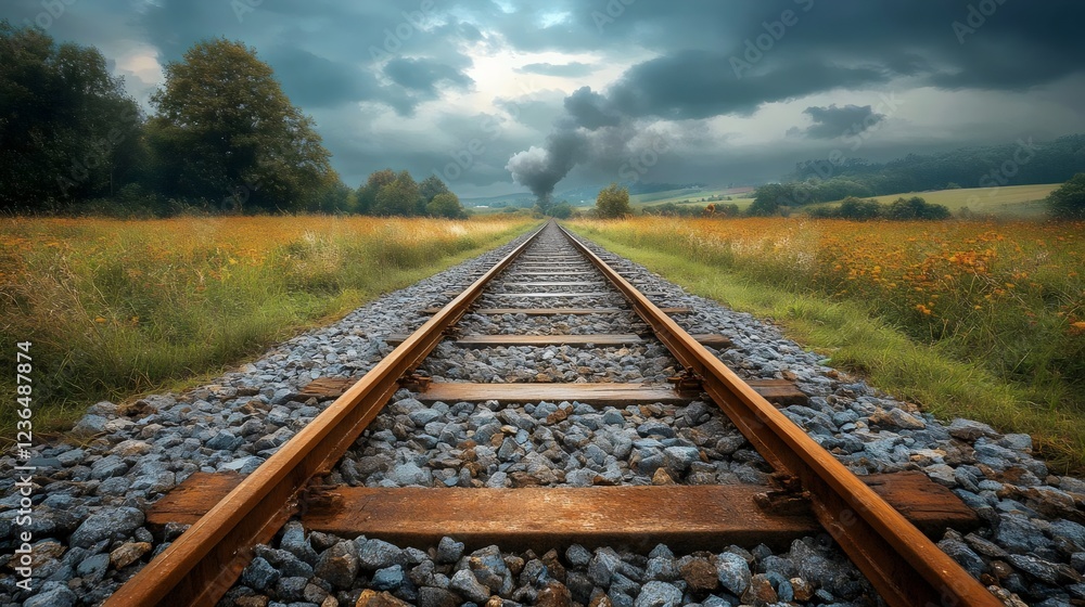 Obraz premium A train track with a train in the distance