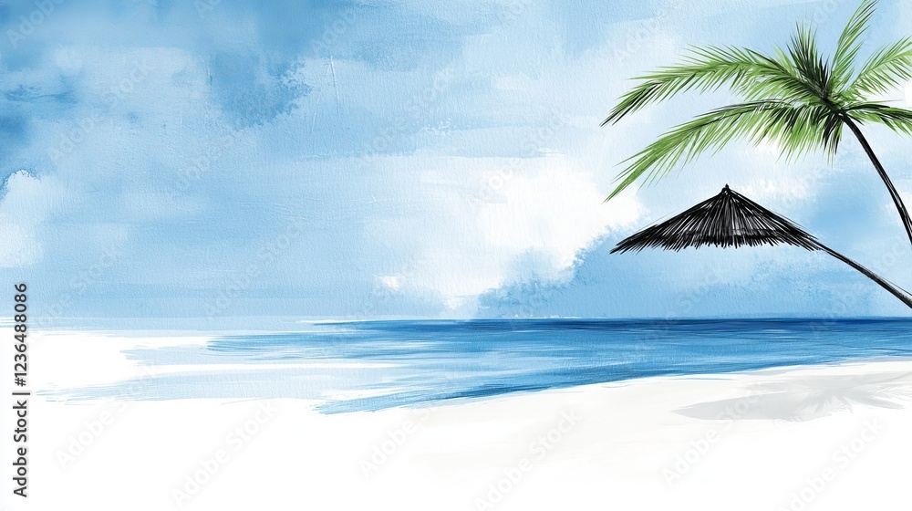 Fototapeta premium a painting of a tropical beach with two palm trees on the shore, a thatched hut in the background, and a bright blue sky with white fluffy clouds The water is a de