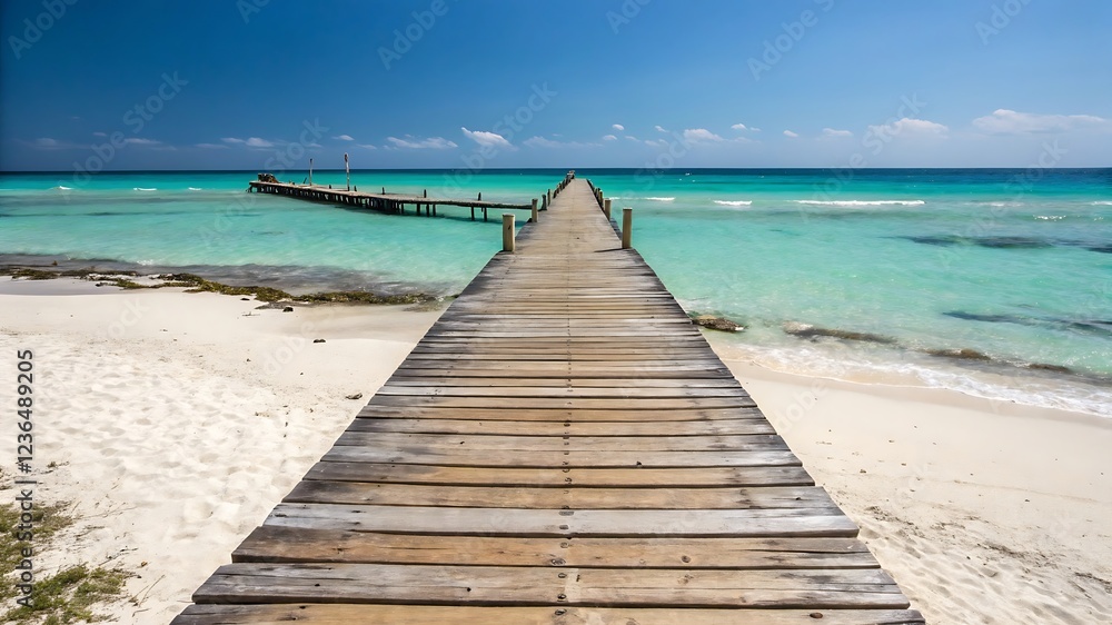 Obraz premium Wooden Pier Extending into Turquoise Ocean – Peaceful Beach Scene with Clear Waters