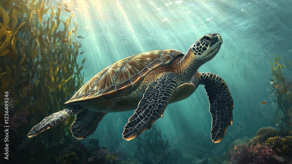 Fototapeta premium Elegant Sea Turtle Swimming Among Vibrant Underwater Landscape