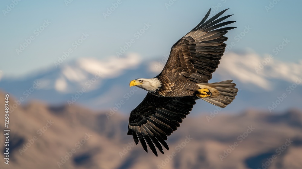 Majestic Bald Eagle Soaring Against Mountainous Landscape Majestic Bald Eagle Soaring Against Mountainous Landscape