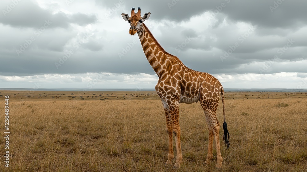 Obraz premium Majestic Giraffe Standing in an Expansive Grassland under Clouds