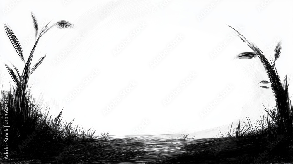 Fototapeta premium a black and white drawing of tall grass with a white background The grass is depicted in a realistic style, with intricate details such as the blades of grass and