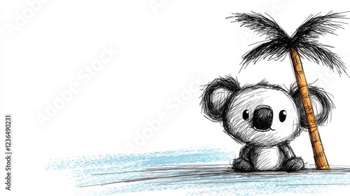  a cute koala bear sitting next to a palm tree, with a white background The koala is drawn in a cartoonish style, with its ears perked up and its eyes wide open, gi