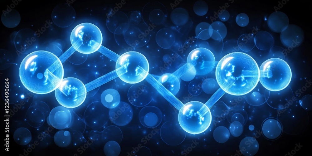 Glowing Network Structure Interconnected Nodes on Dark Background With Blue Bokeh Circles. Glowing Network Structure Interconnected Nodes on Dark Background With Blue Bokeh Circles.