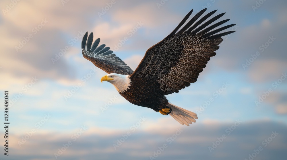 Obraz premium Majestic Bald Eagle in Flight Against a Soft Cloudy Sky