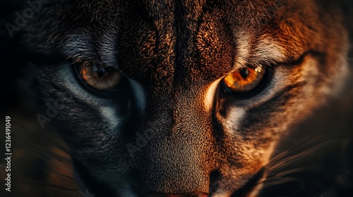 Close-up of a bobcat's intense amber eyes and fur.