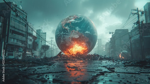 A realistic globe with earthquake epicenters marked, surrounded by cracked ground and collapsing buildings. The image illustrates the destructive force of earthquakes and their global impact.  photo