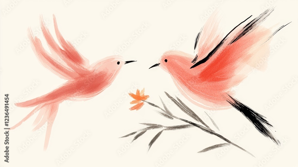 Fototapeta premium two pink birds flying in the air with a flower in their beak, against a white background The birds are painted in a watercolor style, giving the painting a soft an