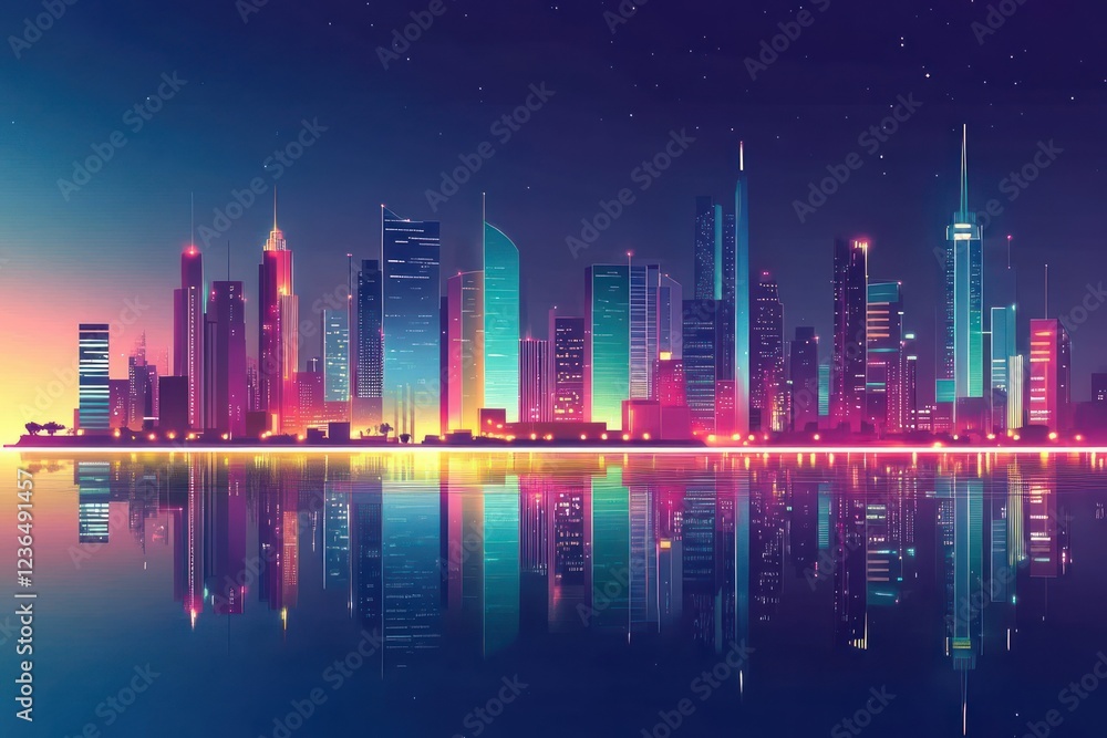 Vibrant Futuristic City Skyline at Dusk with Reflections on Water Surface Under Starry Sky Vibrant Futuristic City Skyline at Dusk with Reflections on Water Surface Under Starry Sky