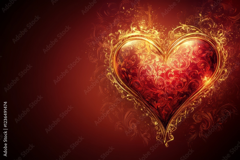 A Fiery Red Heart With Gold Ornate Frame, Set Against A Dark Red Background. A Fiery Red Heart With Gold Ornate Frame, Set Against A Dark Red Background.