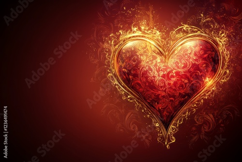 A Fiery Red Heart With Gold Ornate Frame, Set Against A Dark Red Background.
