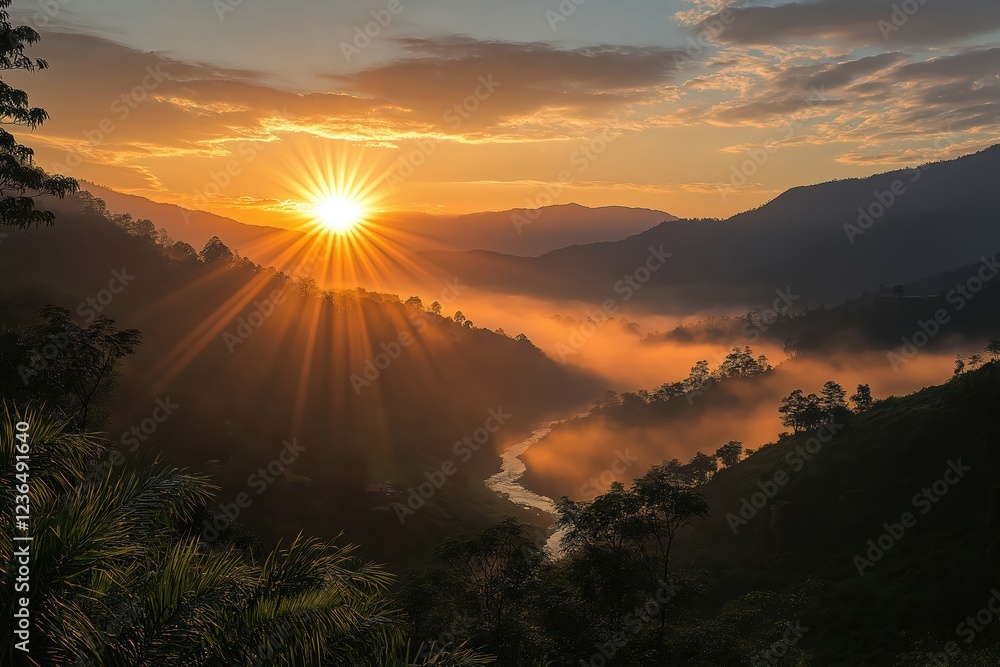 Sunrise over misty valley with river winding through mountains in peaceful landscape Sunrise over misty valley with river winding through mountains in peaceful landscape