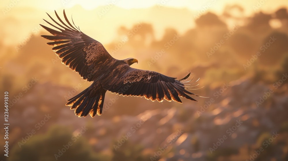 Fototapeta premium Majestic Eagle Soaring Through Golden Sunset Sky Over Landscape