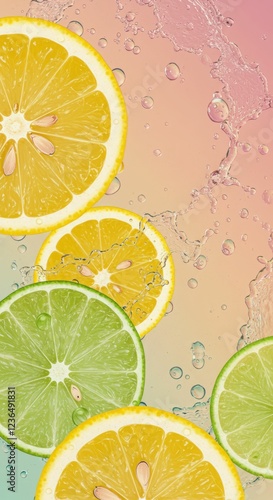 Refreshing citrus splash: slices of lemon and lime with water droplets