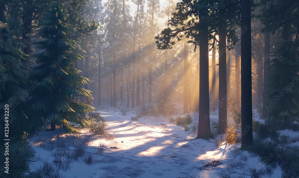 The sun shines through the tall trees in winter, illuminating snow-covered paths and creating an enchanting atmosphere. The sun shines through the tall trees in winter, illuminating snow-covered paths and creating an enchanting atmosphere.