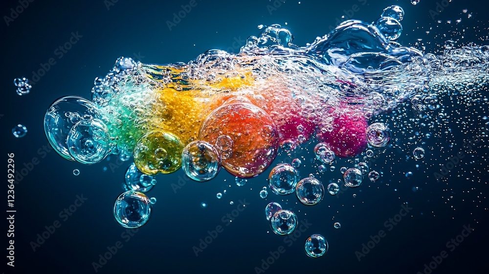 Obraz premium Colorful spheres submerged in water, creating vibrant bubbles and splashes.