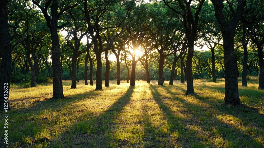 Fototapeta premium Serene Sunlight Filtering Through Trees in Dense Forest Landscape