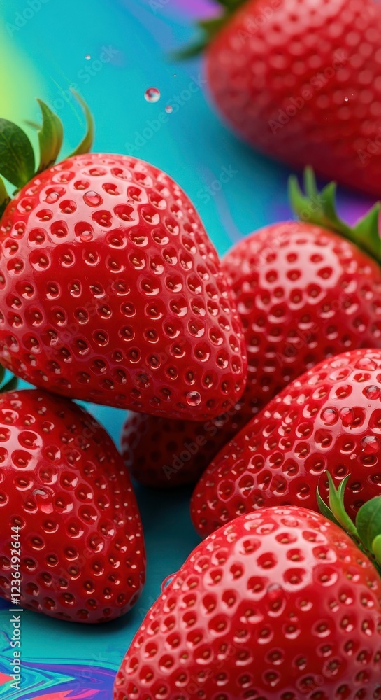 Fresh red strawberries with green leaves on vibrant blue background Fresh red strawberries with green leaves on vibrant blue background