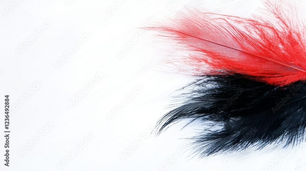 Fototapeta premium a red and black feather on a white background, creating a striking contrast between the two colors The feather is the focal point of the image, with its vibrant co