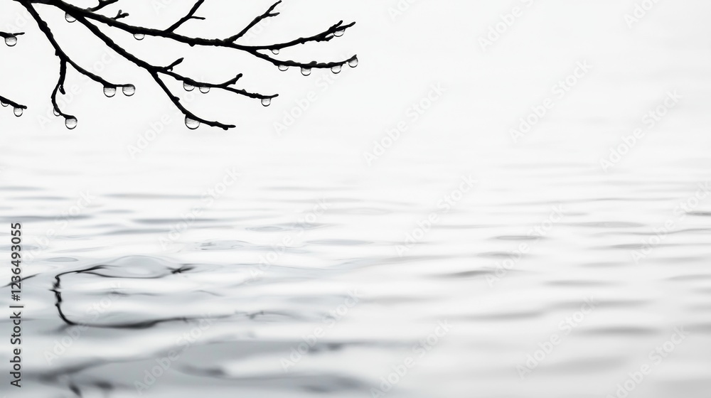 Fototapeta premium a black and white photo of a tree branch with water droplets on it, set against a white background The droplets are glistening in the light, reflecting off the sur