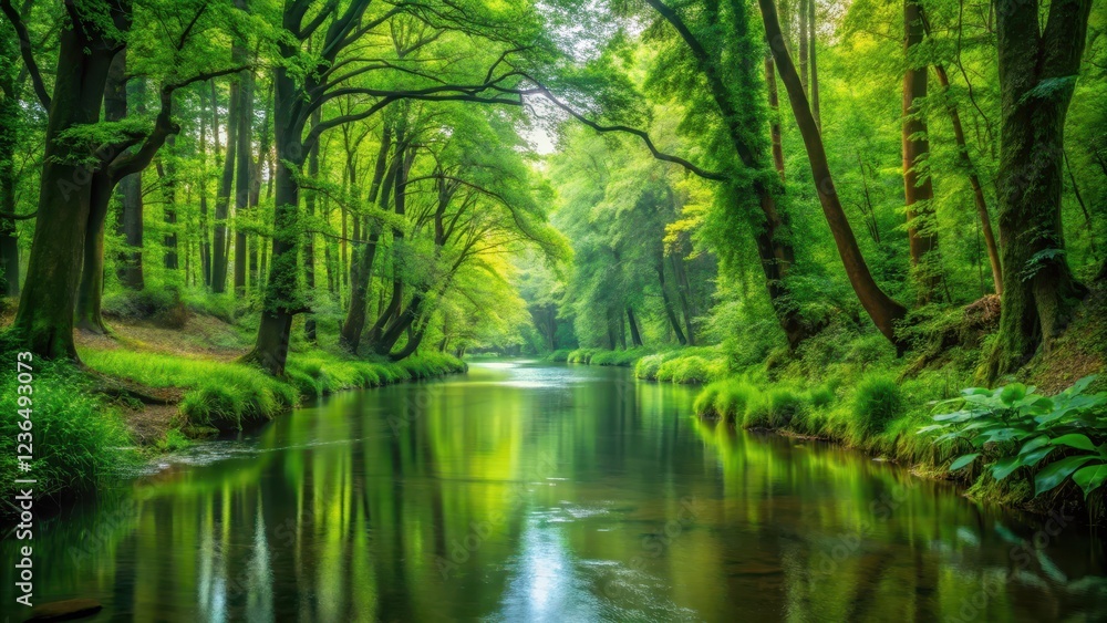 A tranquil stream winding through a dense, vibrant green forest with towering trees and lush vegetation surrounding its banks, serene, woodland A tranquil stream winding through a dense, vibrant green forest with towering trees and lush vegetation surrounding its banks, serene, woodland