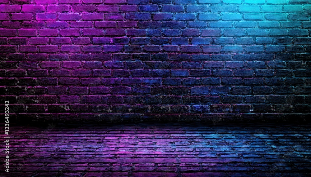 Fototapeta premium neon purple and blue graffiti wall with glowing light, textured brick surface, modern urban design, vibrant street art concept for background or advertising