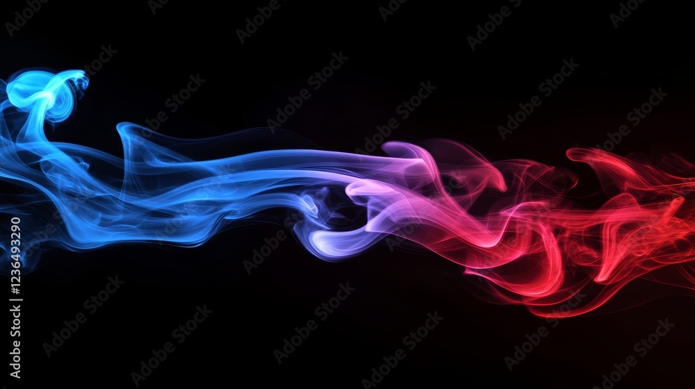 Artificial smoke in red-blue light on black background in darkness Artificial smoke in red-blue light on black background in darkness
