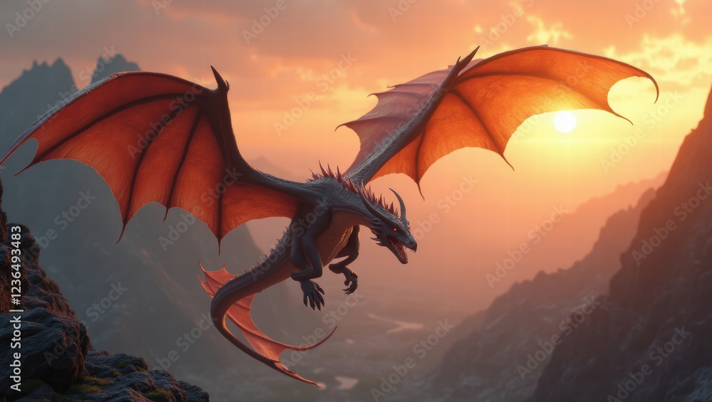 Fototapeta premium Majestic dragon in flight. Fantasy creature soaring over mountains at sunset. Epic mythical beast. Breathtaking digital art.