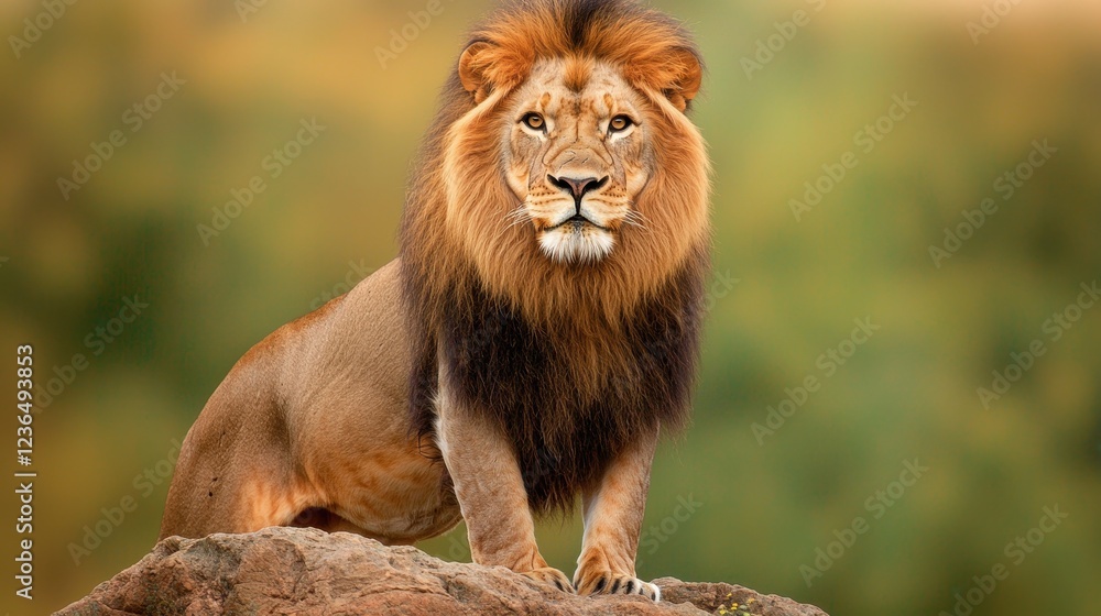 Fototapeta premium Majestic Lion with Thick Mane Stands Proudly in Natural Habitat