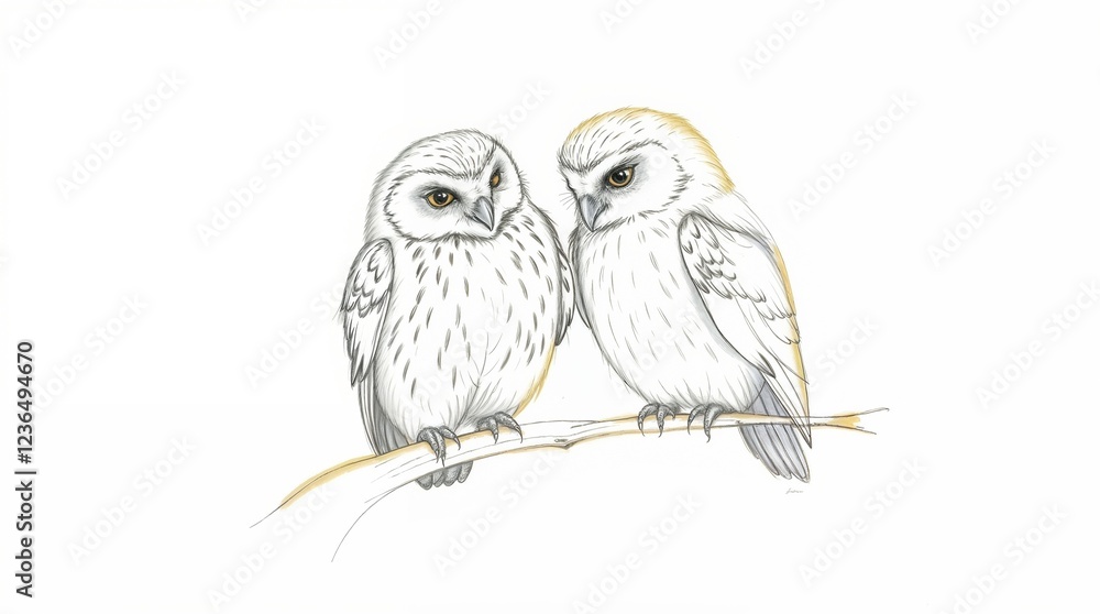 Fototapeta premium Hand-drawn sketch of two owls on branch, Ornithology, zoo, wildlife, Biology, Nature conservation, Infographics, Loyalty, affection, Partnerships, Long-term relationships, Caring for a partner,