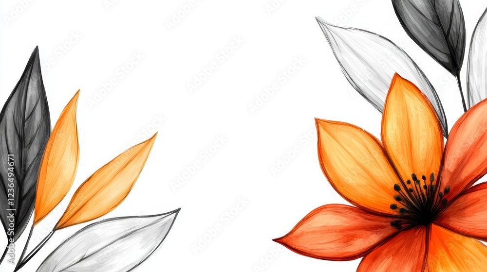 Fototapeta premium a vibrant orange flower with black and white leaves on a white background The flower is painted in a realistic style, with the petals and leaves clearly visible T
