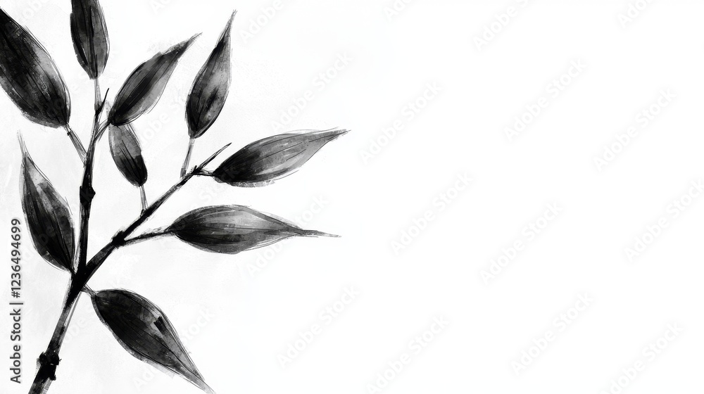 a black and white painting of a plant with leaves on a white background The leaves are depicted in detail, with each leaf having a unique shape and texture The pa a black and white painting of a plant with leaves on a white background The leaves are depicted in detail, with each leaf having a unique shape and texture The pa