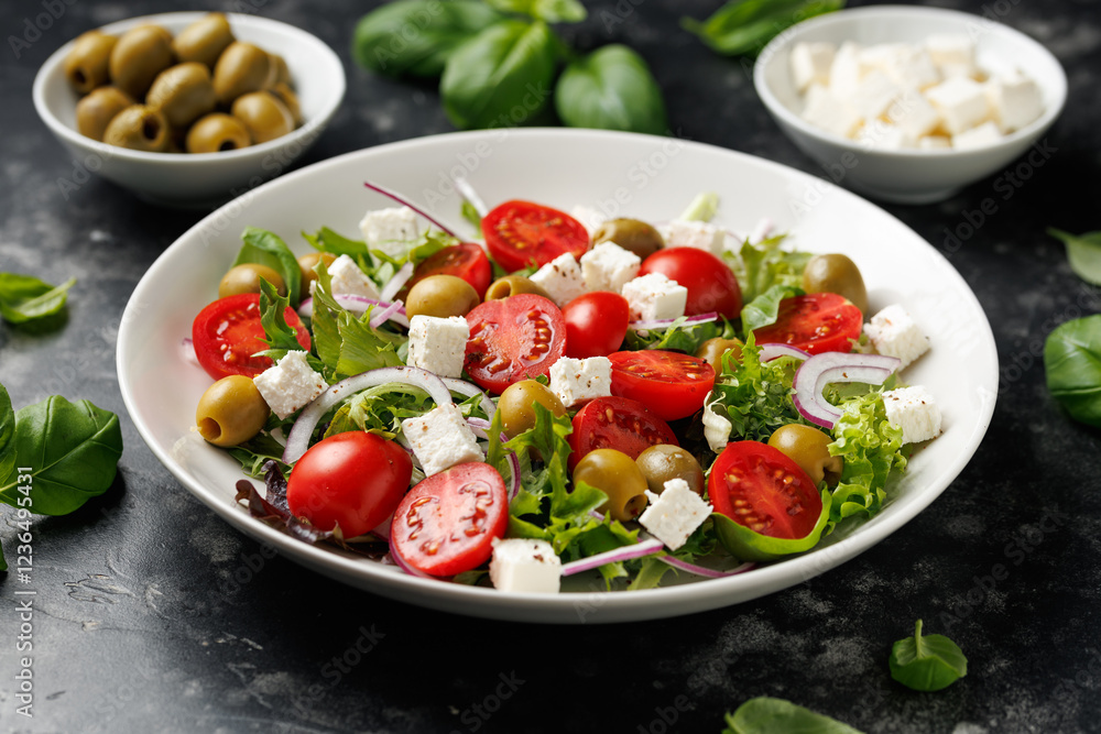 Fresh Mediterranean salad with feta cheese, tomato, olives, onion and basil leaves, Healthy food Fresh Mediterranean salad with feta cheese, tomato, olives, onion and basil leaves, Healthy food