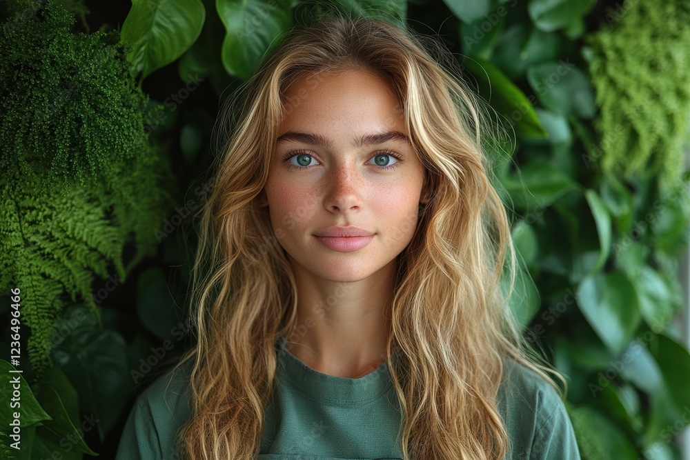 Fototapeta premium Young woman poses with confidence against a lush green backdrop in a vibrant setting