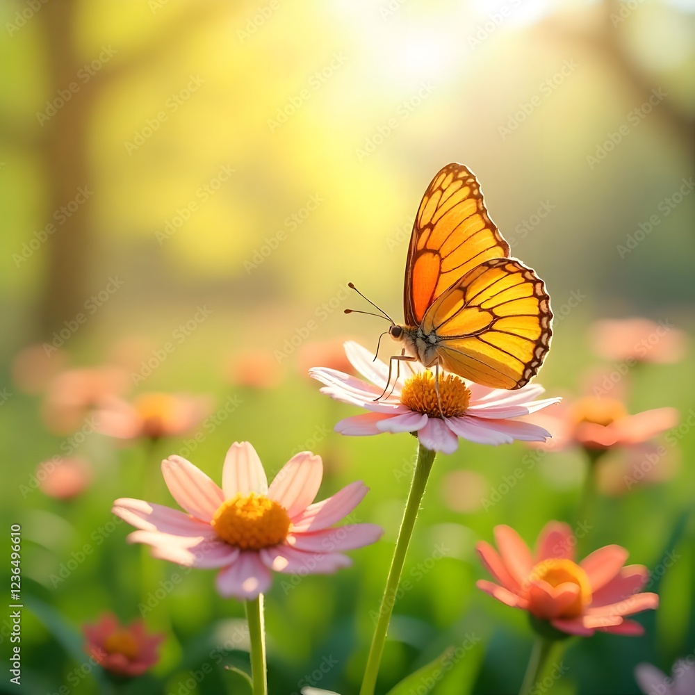 Obraz premium Golden Butterfly on Pink Flower in a Sunny Meadow