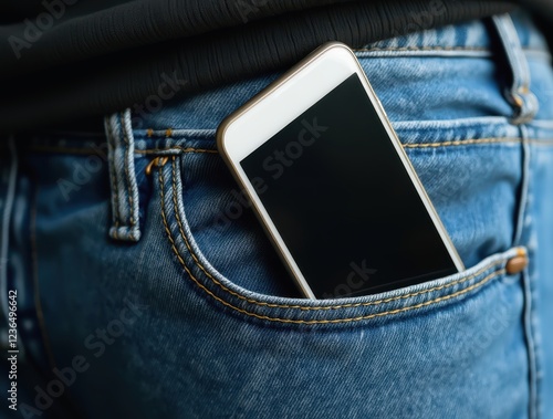 White smartphone slipping out of blue jeans back pocket photo