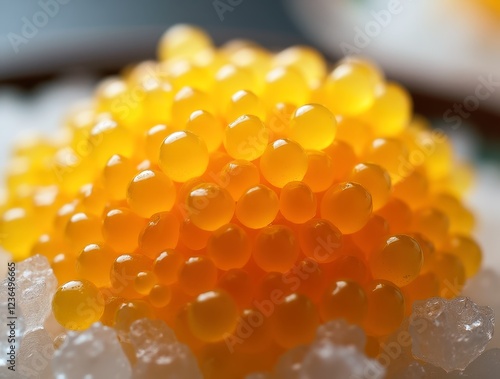 Golden caviar pearls resting on crushed ice, creating luxurious culinary scene photo