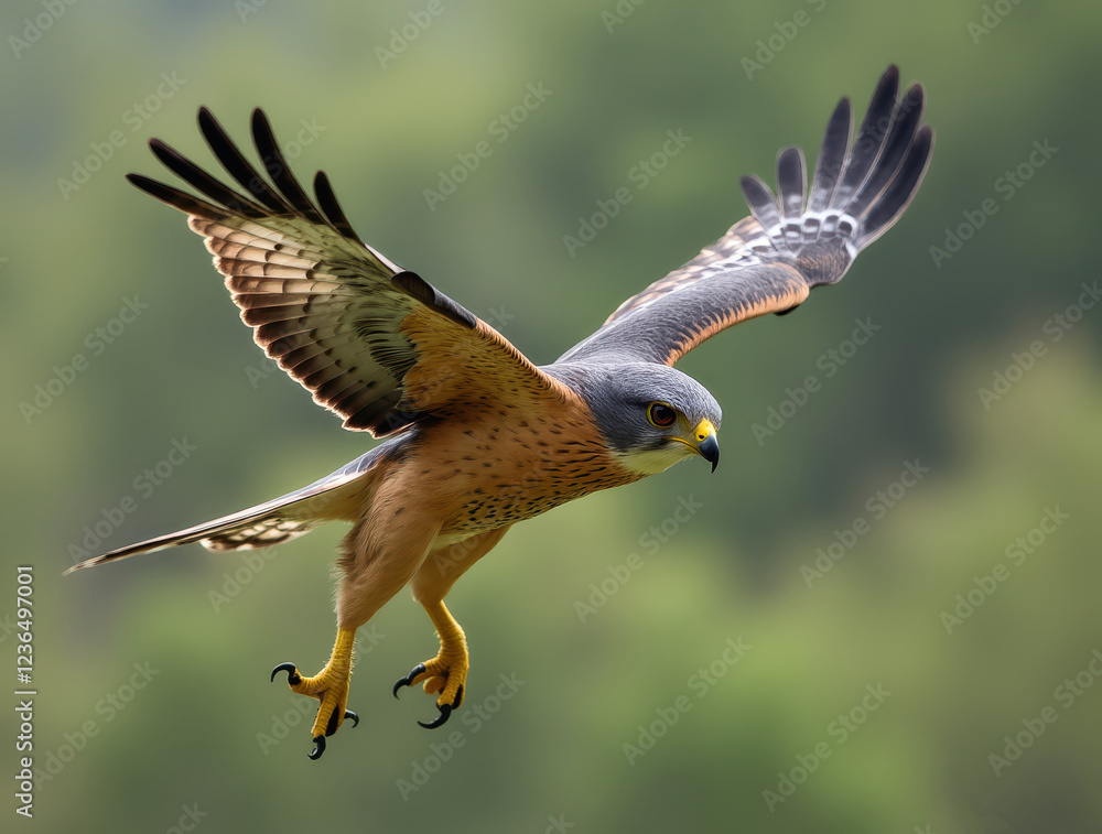 Fototapeta premium Red-footed falcon diving with open wings and talons ready to catch prey