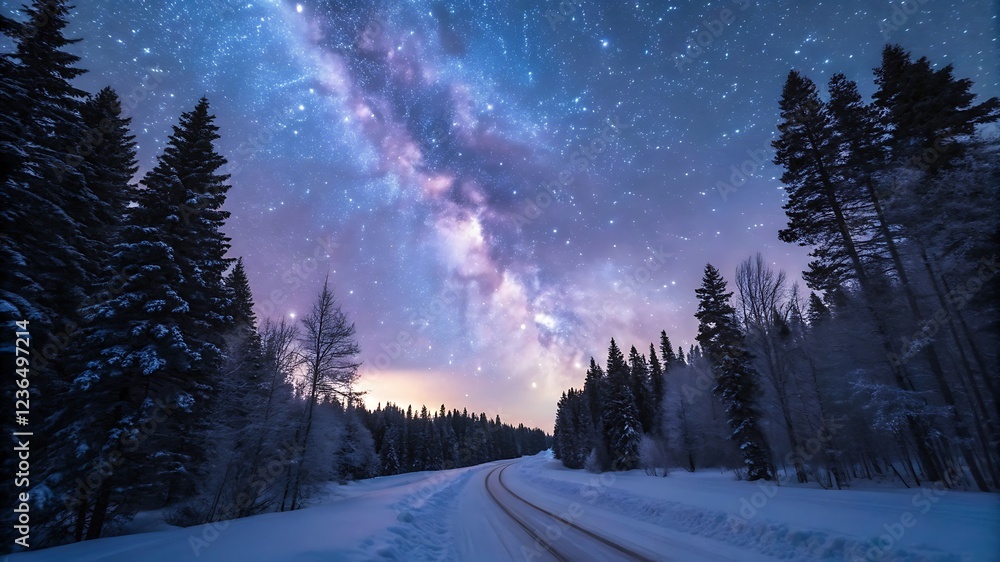 Fototapeta premium Winter Road Under Starry Milky Way Sky – Snowy Landscape with Cosmic Beauty