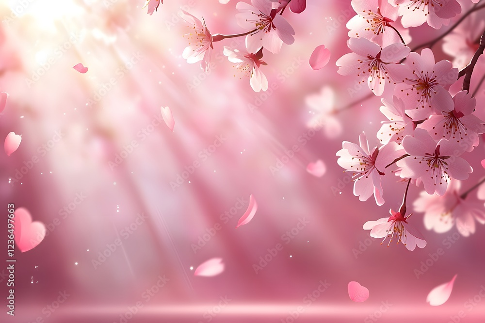 Delicate Cherry Blossom Bloom with Light and Floating Petals Delicate Cherry Blossom Bloom with Light and Floating Petals