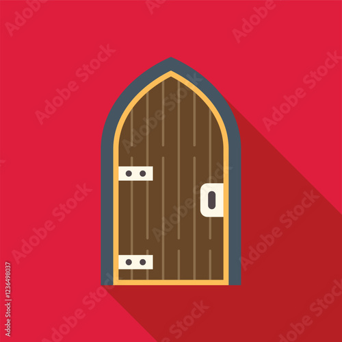 Closed medieval style arched wooden door with metal hinges and handle on a red wall, creating a secure and traditional entrance