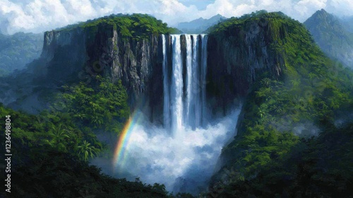 Majestic Waterfall Cascading Down Mountains with Lush Greenery